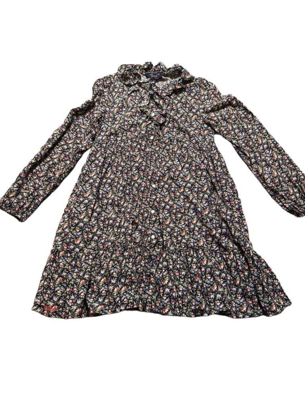 Polo Ralph Lauren Floral Print Ruffle Pie Crust Collar Tiered Long Sleeve Dress